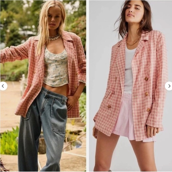 Free People Jackets & Blazers - Free People Women Olivia Gingham Blazer Pink Preppy Vintage Inspired Girlcore